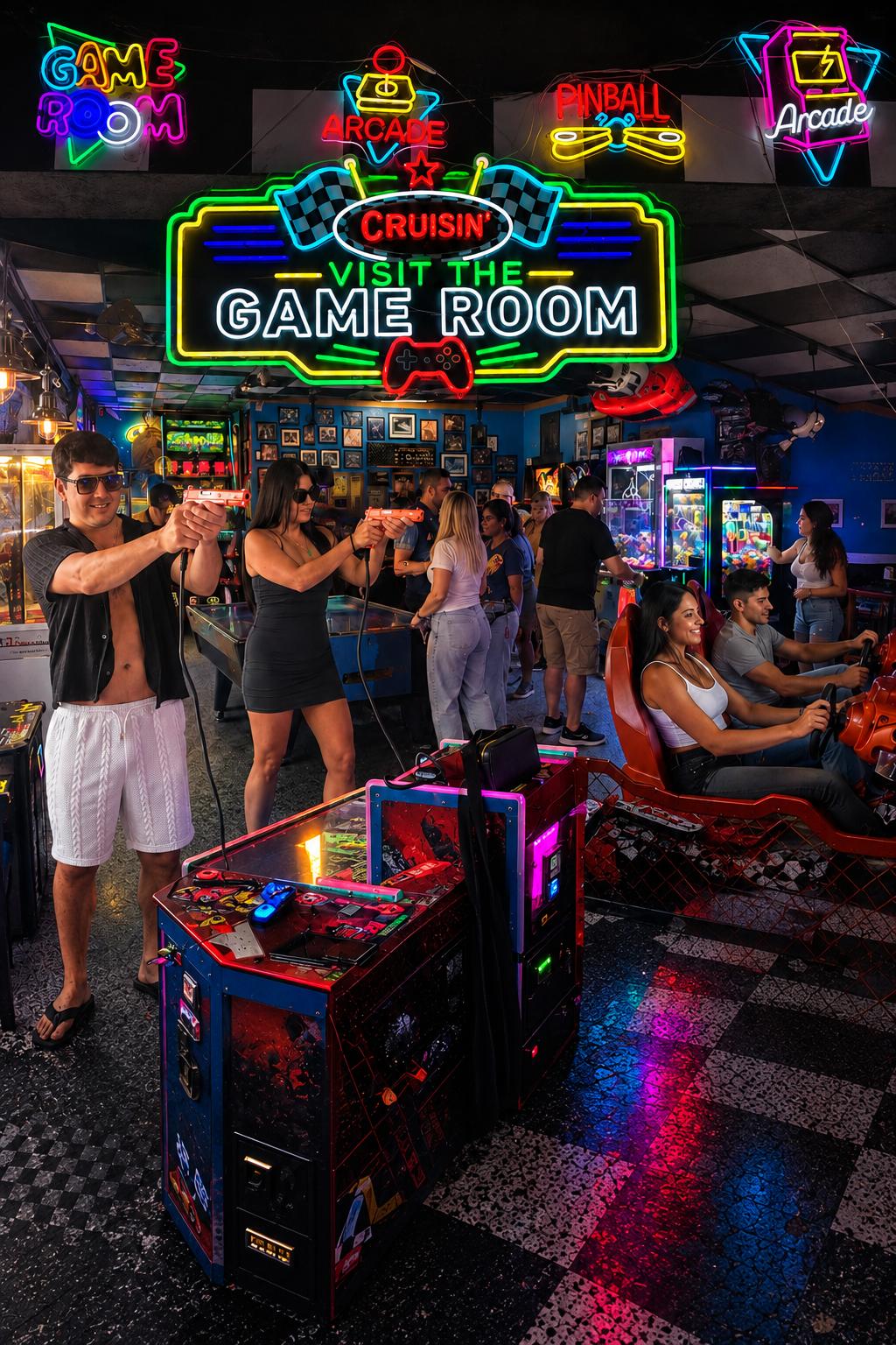Arcade and driving games under neon signs in the Cruisin Café game room