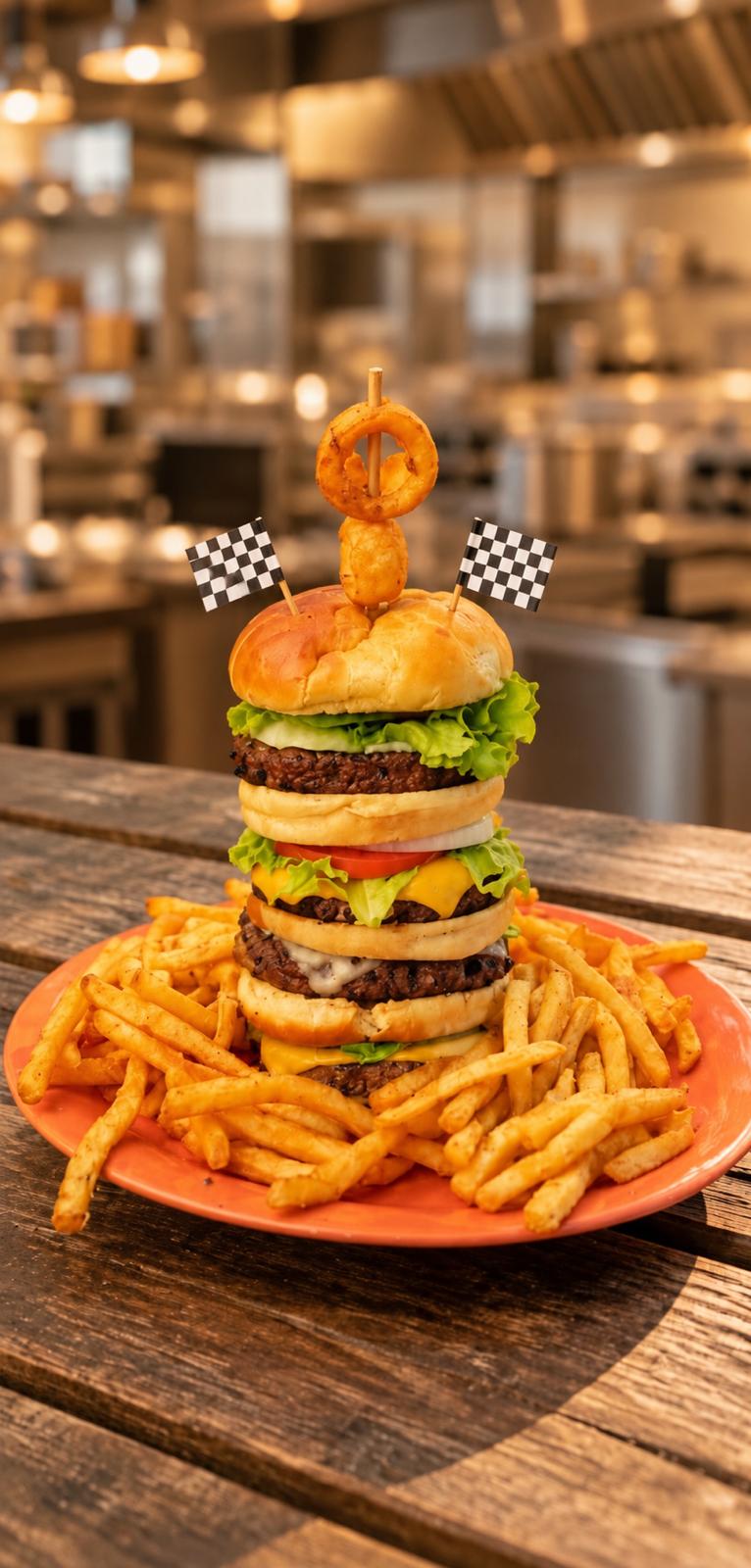 The towering Cup Burger with fries and checkered flags