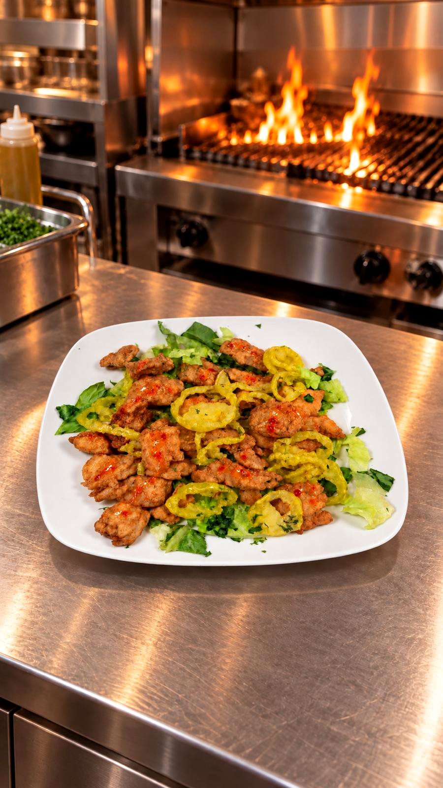 Golden fried gator tail bites with peppers in the Cruisin Café kitchen